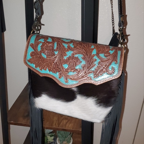 Cowhide Aqua Hand Tooled Crossbody - Picture 6 of 7